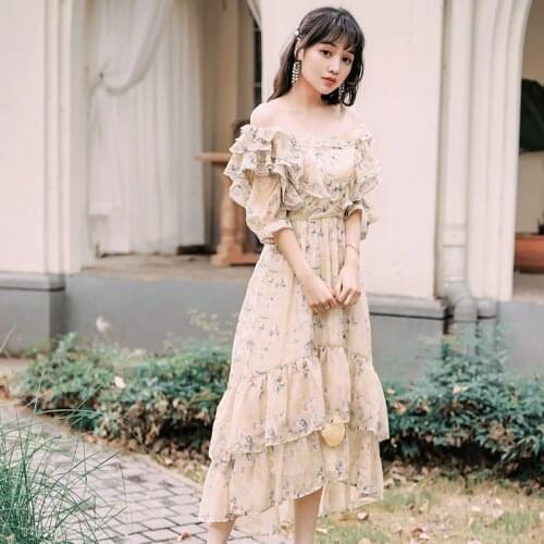 2021 Summer Off Shoulder Ruffle Beach Self Portrait Long Dress Women Asymmetry Boho Dress Floral Print Woman Dress