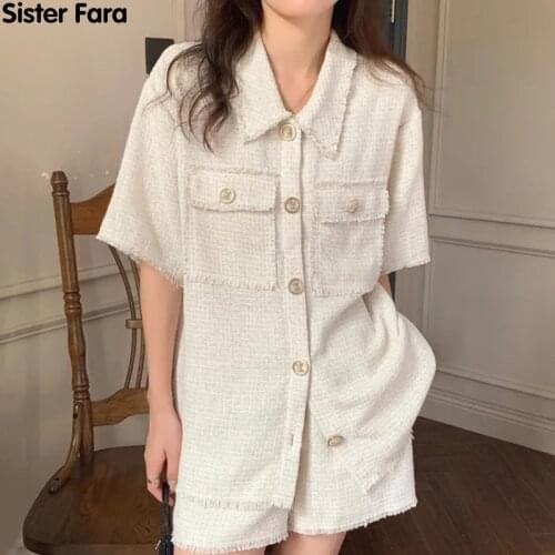 Sister Fara Buttons Tassel Short Sleeve Shirt Womens Summer Suit+High Waist Loose Straight Shorts Female Casual Two Piece Suit