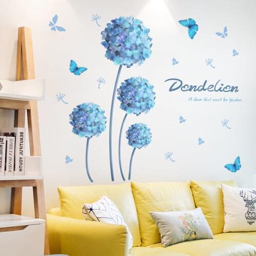Blue Flowers Wall Stickers PVC Material DIY Dandelions Plants Wall Decals for House Living Room Bedroom Kitchen Decoration