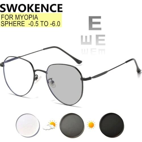 SWOKENCE Photochromic Anti Blue Ray Myopia Glasses Prescription -0.5 to -10 Women Men Nearsighted Distance Spectacle F080