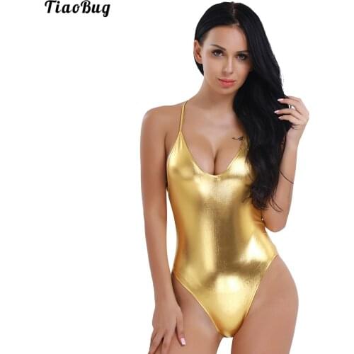 TiaoBug Women Adult Patent Leather Bikini Leotard Swimwear Ballet Dance Jumpsuit Spaghetti Shoulder Strap Deep V One Piece Thong