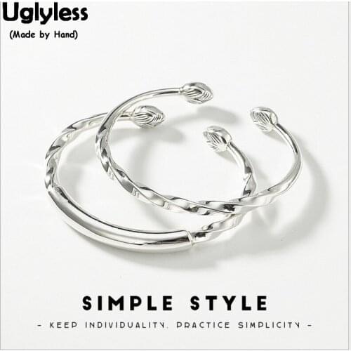 Uglyless 100% Real Solid 990 Fine Silver Lotus Bangles for Women Handmade Polished Twist Open Bangle Ethnic Fine Jewelry 2 Sizes