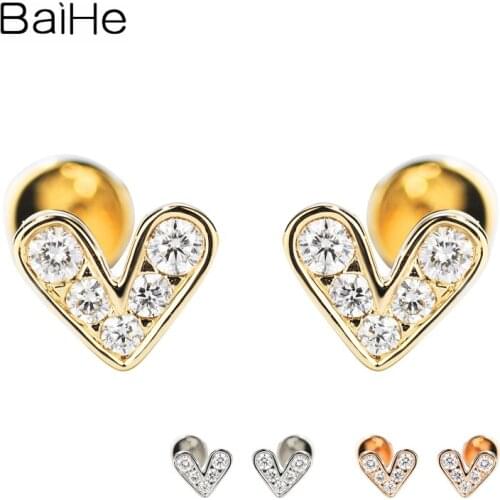 BAIHE Solid 14K Yellow Gold 0.26ct H/SI Natural Diamonds Wedding Trendy Fine Jewelry Beautiful Heart Stud Earrings for Women
