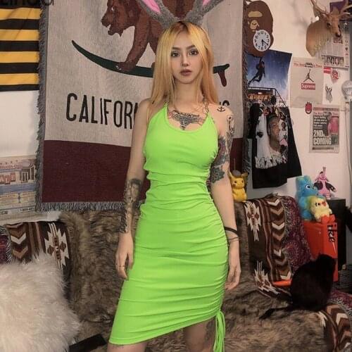 Sisterlinda Neon Green Bow Lace Up Dress Women Hanging Neck Backless Stretchy Bodycon Mini Dress Drawstring Hip Package Vestidos