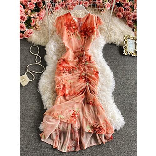 Vintage V-Neck Printed Chiffon Drawstring Mermaid Midi Dress Women Elegant High Waist Ruffle Vestidos 2021 Fashion Spring Summer