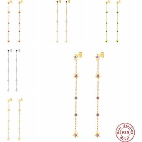 BOAKO 925 Sterling Silver Purple Green Crystal Star Dangle Earrings For Women Delicate Long Chain Tassel Drop Earrings Jewelry