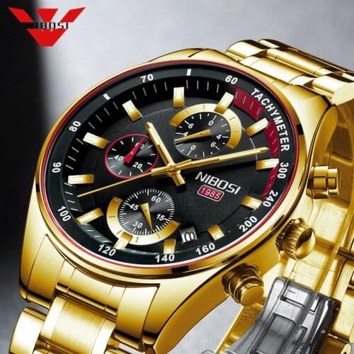 NIBOSI Gold Mens Watches Military Luxury Brand Watch Mens Quartz Stainless Clock Fashion Chronograph Watch Relogio Masculino