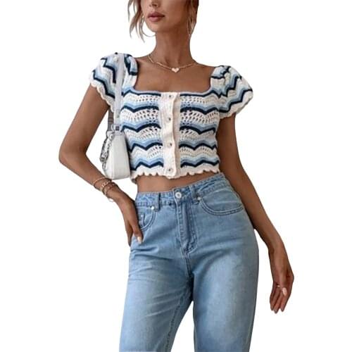 Fashion Women T-Shirt Casual Button Down Crop Top Short Sleeve Wavy Striped Print Crochet Knit T-Shirt Streetwear