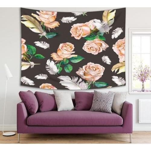 Tapestry Rose Flowers and Feathers Pattern Vintage Style Nature Theme Floral Artwork Green Beige