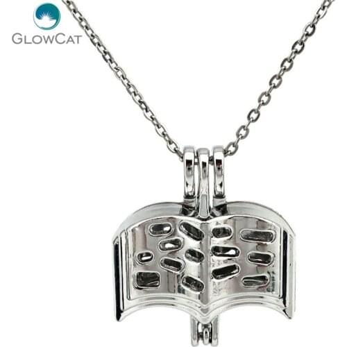 K630 Silver Book Beads Cage Pendant Pearl Aroma Essential Oil Diffuser Locket Necklace