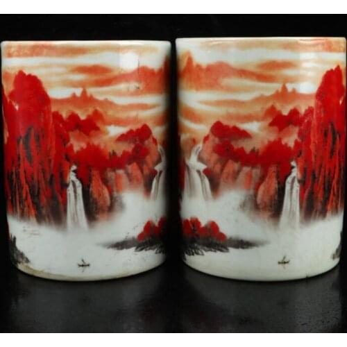 China Pastel ceramic landscape Pen holder crafts statue A pair