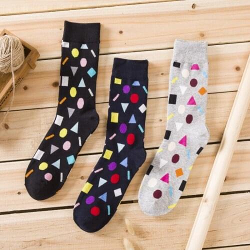 Men Socks Geometry Lattice Dot Colorful Casual Cotton Funny Happy Harajuku Street Hip Hop Fashion High Quality Male Socks Black