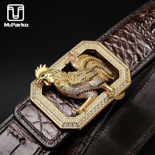 McParko Genuine Crocodile Leather Belt Men Luxury Business Trousers Belt Stainless Steel Rooster Waist Belt Crocodile Back Skin