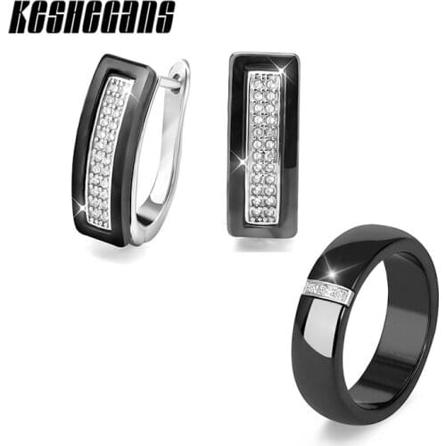 New Fashion Bridal Jewelry Sets Healthy Ceramic Earrings Ring Black White Color Crystal Rhinestone For Women Bijouterie Aretes
