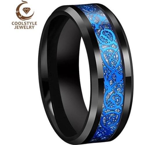 8MM Black Wedding Band Men Women Tungsten Ring With Bright Meteority Blue Dragon Inlay Comfort Fit