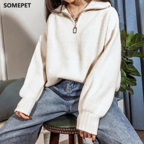Solid Color Zipper Solid Pullover Lapel Simple Fashion British Style Sweater Women 2021 Autumn New Loose Streetwear Plus Size