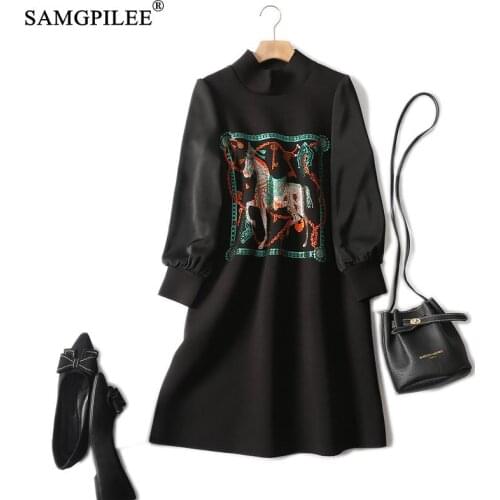 Dress Women Winter 2021 New Office Lady Korean Style A-line Print Full Sleeve Plus Size Empire O-neck Autumn Dresses For Woman