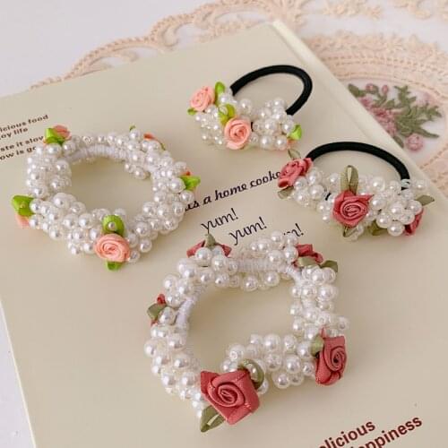 New Women Girls Elegant Vintage Rose Flower Pearls Scrunchie Ponytail Holder Hair Bands Sweet Headband Fashion Hair Accessories