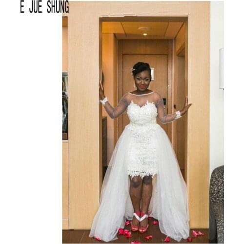 E JUE SHUNG African Wedding Dresses Sheer Neck Illusion Long Sleeves Backless Lace Appliques Detachable Train vestido de noiva