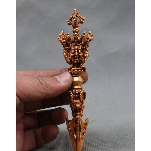 Tibet Buddhism Bronze Gold Gilt Mahakala Dragon Head Dorje Phurba Dagger Holder