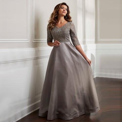 Gray A Line Wedding Dress For Bride Mother Floor Length Half Sleeve V Neck Elegant Satin Bridal Guest Party Gowns
