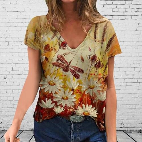 Vintage Dragonfly Printed Woman Tshirts Plus Size Women Short Sleeve V-neck Tops Tee T Shirt Femme T-shirts Mujer Camisetas @40