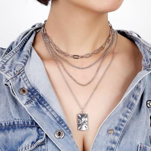 Vintage Fashion Geometry Multilayer Choker Chain Necklace For Women Boho Punk Silver Color Rectangular Brand Pendant Jewelry Gif
