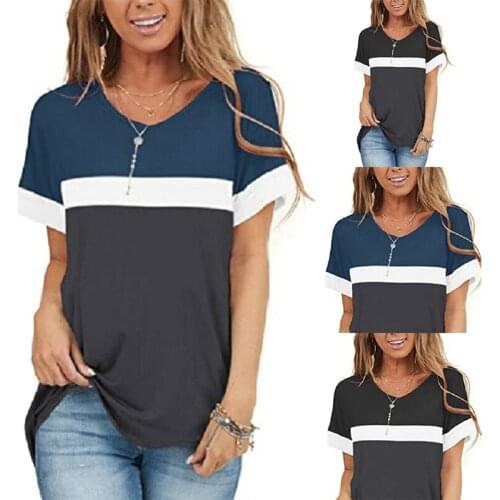 Womens Solid Color Round Neck Short Sleeve Hit Color Stitching T-Shirt Top