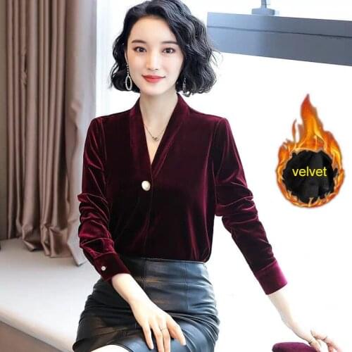 Bella philosophy 2020 spring velvet women solid V-neck tops female long sleeve casual blouse lady elegant thick warm shirt