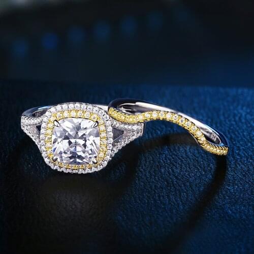 Newshe 925 Sterling Silver Bridal Set Yellow Halo Engagement Ring Wedding Band For Women 1.8Ct Cushion Cut AAA CZ