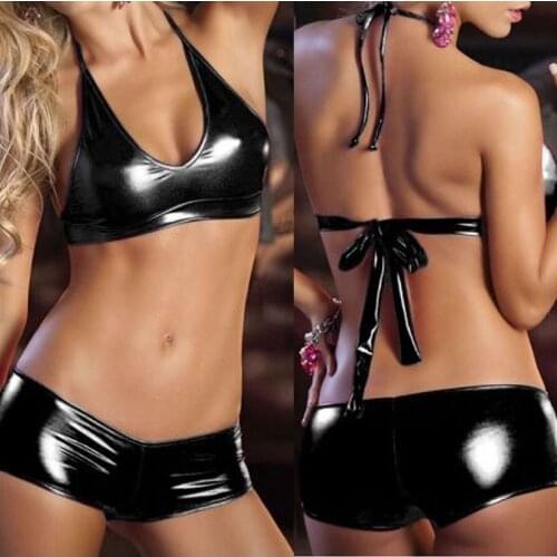 Women Leather Seamless Bra & Brief Sets Sexy Lingerie Bras Panty Sets Pole Dance Patent Leather Bikini Suit Club Push Up Bra Set