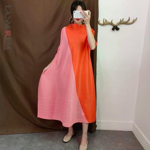 LANMREM Blue One-neck Collar Seven-point Sleeve Contrast Pleats Loose Plus Woman Dress Casual Fashion 2021 Autumn New TD059