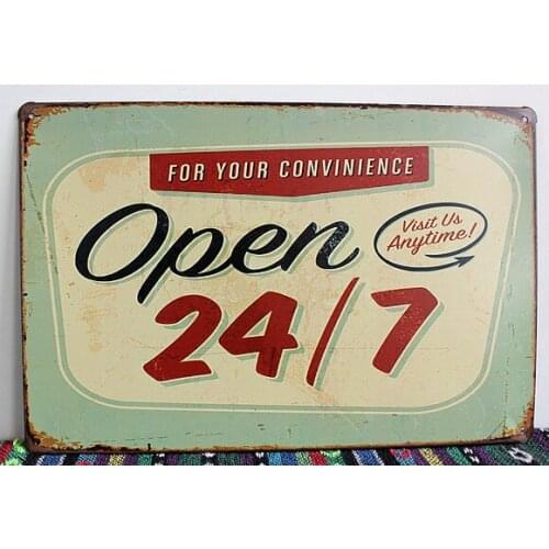 50pcs/lot Metal Sign shabby chic Christmas Decoration!! Metal Craft Open 24 Hours 7DAY paintings Tin Sign Bar Decor Wall Metal p