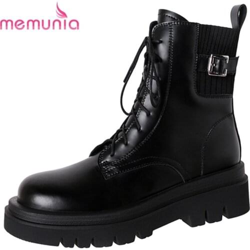 MEMUNIA New Arrival Hot Sale Cowhide Shoes Zipper Lace Up Ankle Boots Buckle Thick Heels Female Boots Winter Casual Top Quality