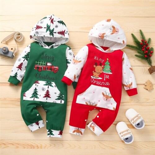 Baby Boy Christmas Tree Reindeer Printed Rompers 0-12M Newborn Infant Festival Holiday Casual Cotton Hooded Jumpsuits Costume