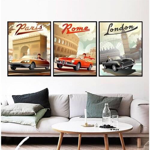 France Poster London Big Ben Retro Print Italy Rome Colosseum Arc de Triomphe Retro Car Wall Art Canvas Home Decor For Bedroom