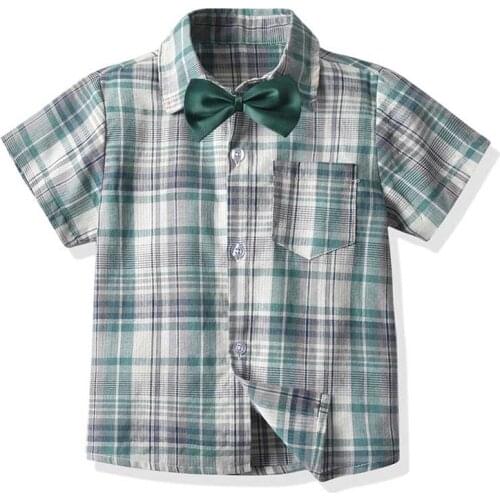 Summer Children Boys Shirts Boys Clothes Lattice Bow Tie Short Sleeve Formal Kids Shirt For Boys Tops