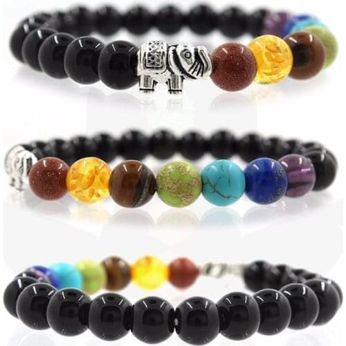 Lava Matte Stone 7 Chakra Beads Bracelet With Card For Women Men Healing Balance Elephant Bracelets Yoga Reiki Prayer Jewelry