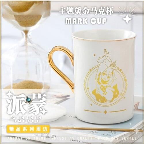 NEW Anime Genshin Impact Paimon Theme Ceramic Coffee Water Mug Cup Gold Stamping Spoon + Cup + Lid Fashion Unisex Xmas Gift