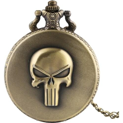 New Arrival Bronze Full Hunter 3D Skull Quartz Fob Pocket Watch with Chain Roman Numerals Design Dial Pendant Gift for Men Women