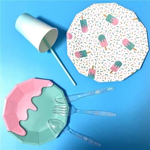 Ice Cream Theme Disposable Tableware Happy Birthday Decoration Baby Shower Spoon Plates Cups Napkins Table Cloth Party Supplies