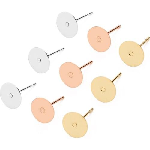 50pcs/lot 316L Surgical Stainless Steel Gold Rose Gold Flat Pad Earring Stud with 3 4 5 6 8mm Glue On Post Earring Cabochon Base