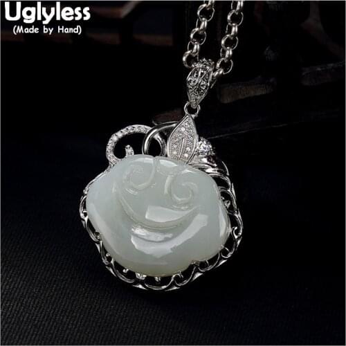 Uglyless 100% Real 925 Sterling Silver Ethnic Abstract Heart Pendants for Women Handmade Smile Face Jade Necklaces NO Chains