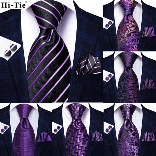 Hi-Tie Purple Striped Paisley Silk Wedding Tie for Men Novelty Design Handky cufflink Gift Men Tie Party Business Dropshipping