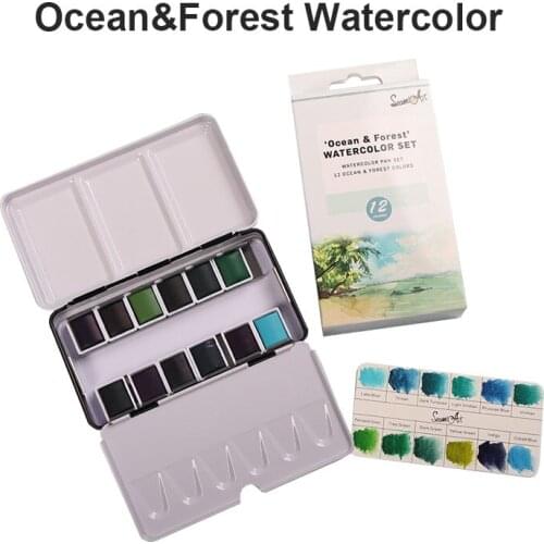 Aquarelle Watercolor Paint Set of 12 Assorted Ocean& Forest Colors Pans in Portable Tin Box for Artists Art Watercolor Painting