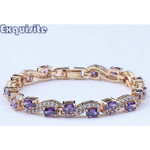 Romantic Bridal Wedding Yellow Gold Color Charm Bracelet Purple Cubic Zirconia Crystal Trendy Jewelry For Women H0014
