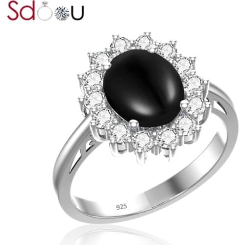 SDOOU Silver Rings For Women Sterling Silver Rings Punk Black Onyx Sunflower Zircon Ring Creative Designer Jewelry Party Gift