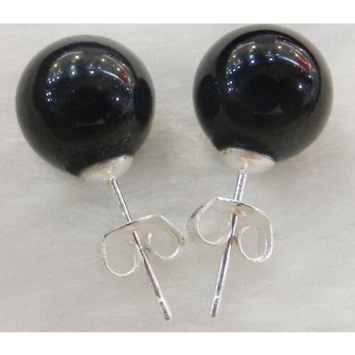 New 10mm Jewelry Natural Black Onyx & Tibetan Silver Stud Earrings