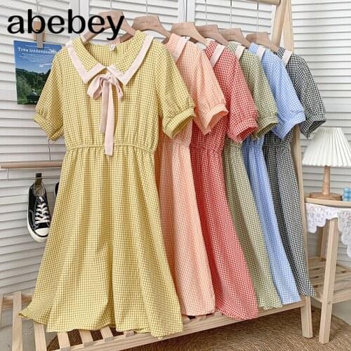 Vintage turn-down collar puff sleeve Dress high waist pleated waist bow plaid A-line Dress 2021 New Summer