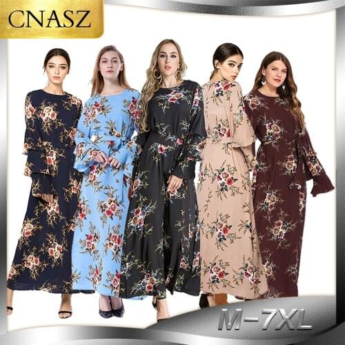 2019 Fashion Women Muslim Dress O Neck Long Plus Size 7XL Floral Dress Islamic Saudi Arabia Abaya Turkish Dubai 5 colors Dress